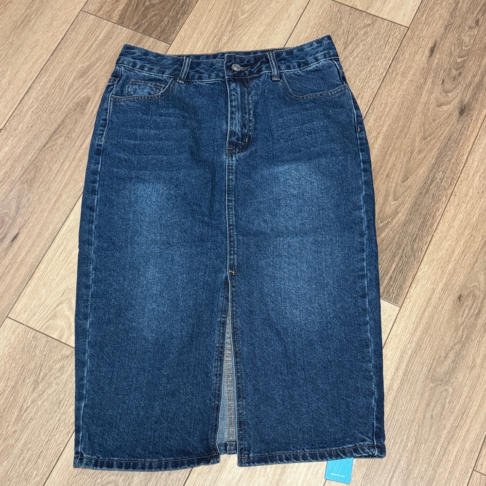 Cupshe NWT S Denim SPLIT FRONT pockets zipper Midi Skirt
